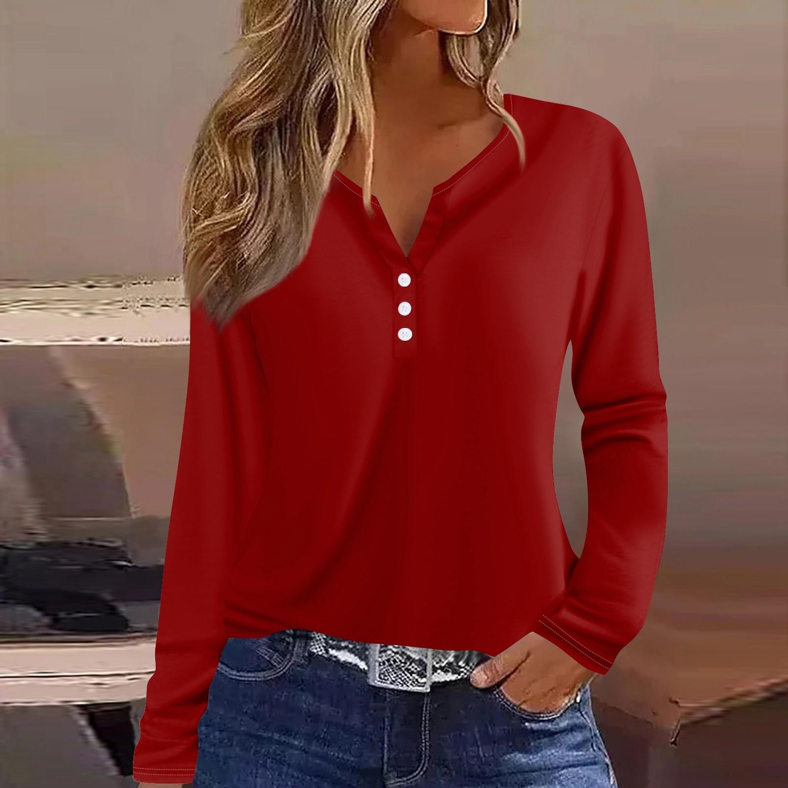 

Жен. Футболка Футболка на пуговицах с длинным рукавом Повседневные Выходные Мода Классический Топ с v-образным вырезом Обычный XL винный