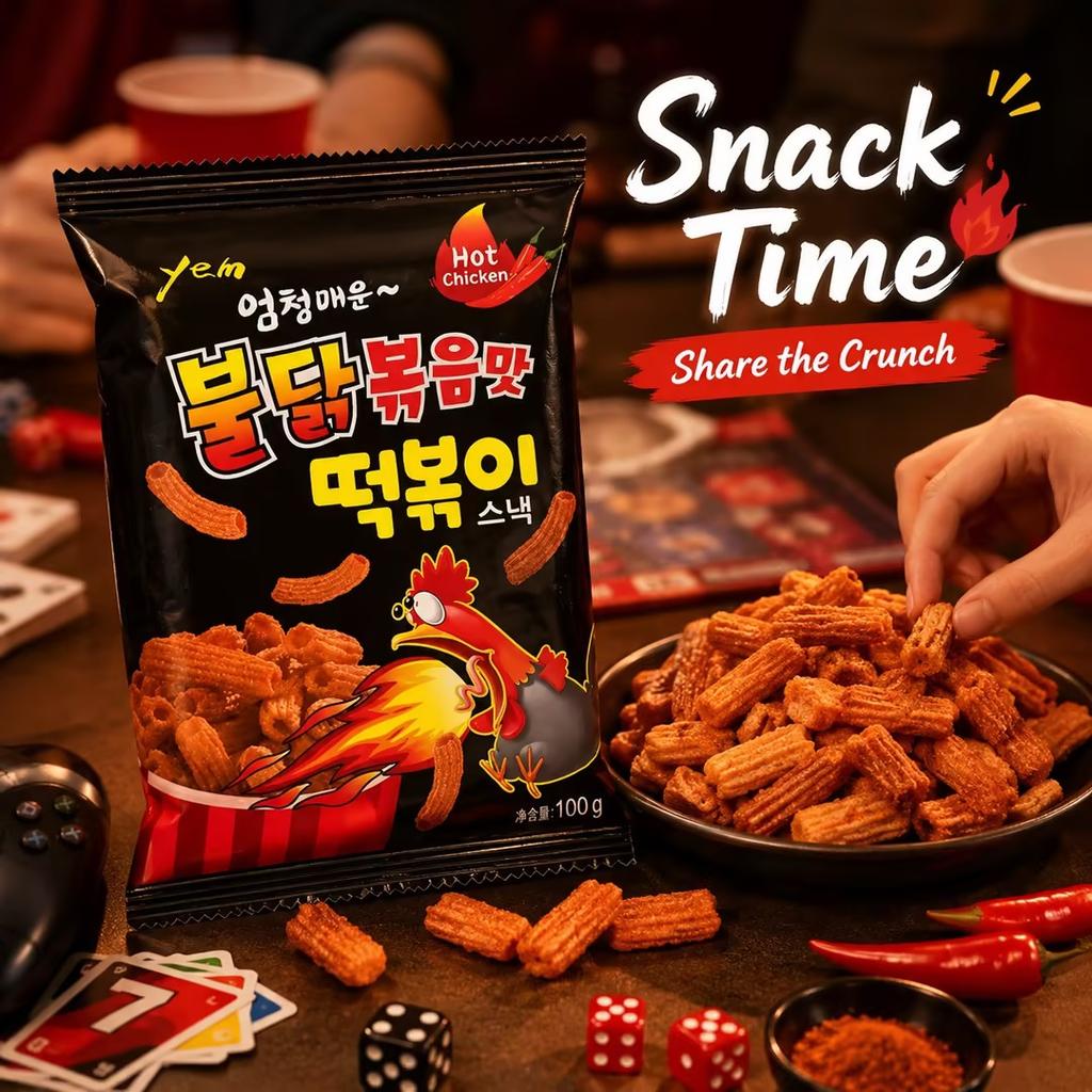 Snack YEM Tiras de Pastel de Arroz de Pollo Picante 100g | Rico sabor a pollo picante, textura crujiente inflada, forma de tira masticable