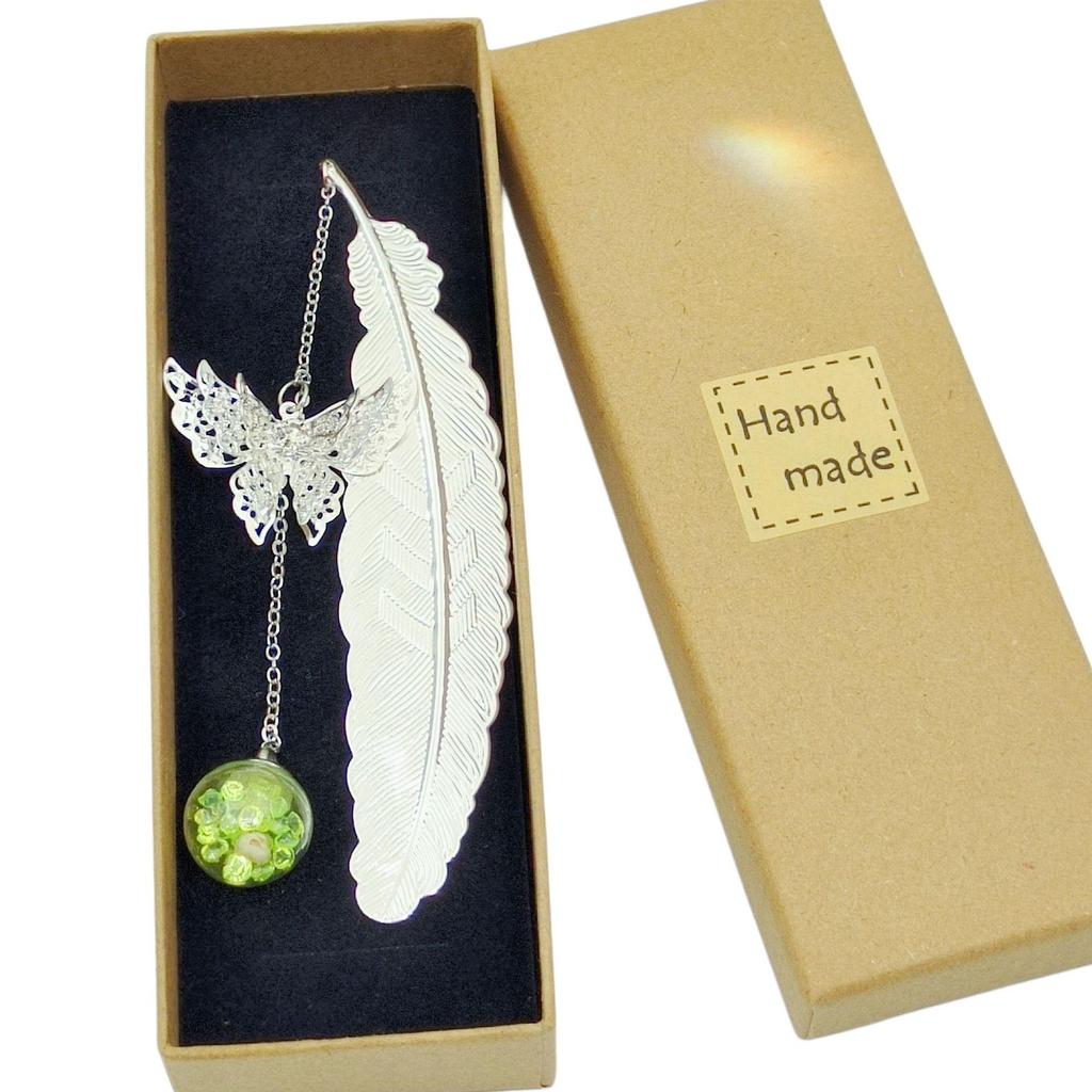 Chinese Style Dried Flower Bookmark with Feather, Metal Butterfly & Tassel - Ideal Teacher's Day Gift