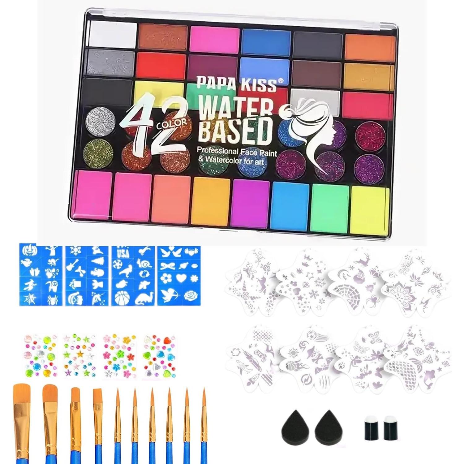 

Face Painting Kit for Kids, 42 Colors Body Paint, Face Paint Set, With 10 Brushes 8 Stencils 4 Sponges 4 Sticker Sheets 4 Gem Sheets A