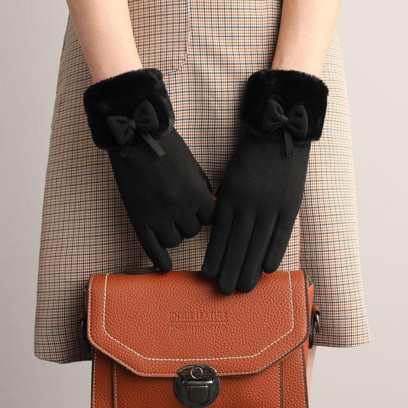 New Female Autumn Winter Non-Inverted Velvet Cashmere Full Finger Warm Lace Gloves Women Cotton Touch Screen Gloves G82