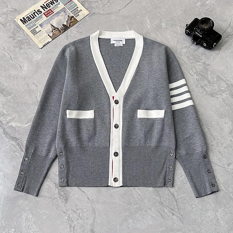 TB Unisex V-Neck Knit Cardigan - Autumn/Winter Colorblock Sleeves with Four Stripes, Slim Fit, Fairy Style.