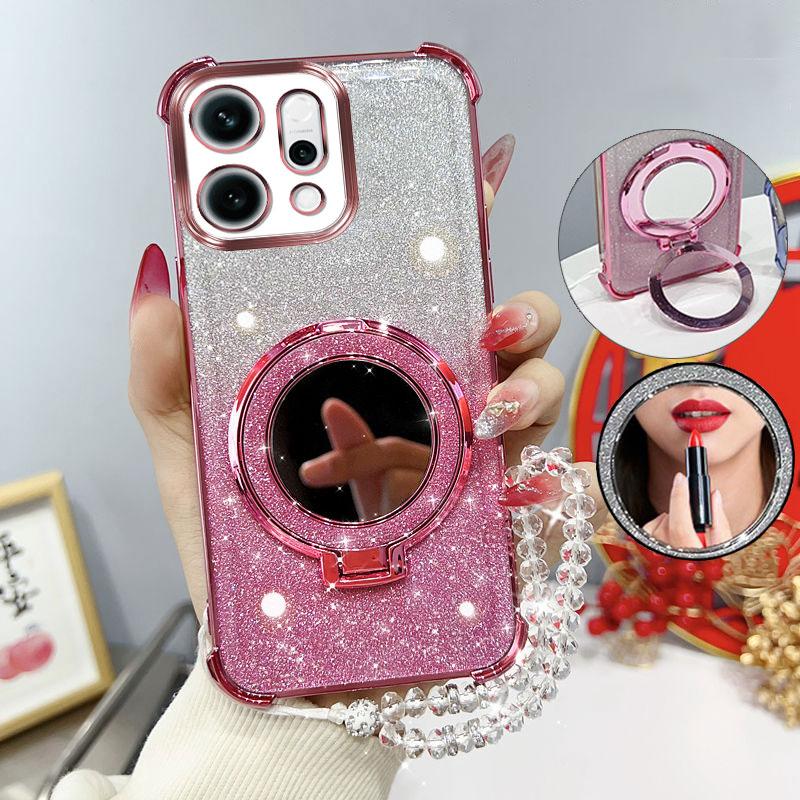 

Glitter Four-Corner Shockproof Phone Case with Mirror Stand Beaded Strap For Oppo Reno14 F Pro Reno 14Pro 14F 5G Back Cover Case Reno14 5G