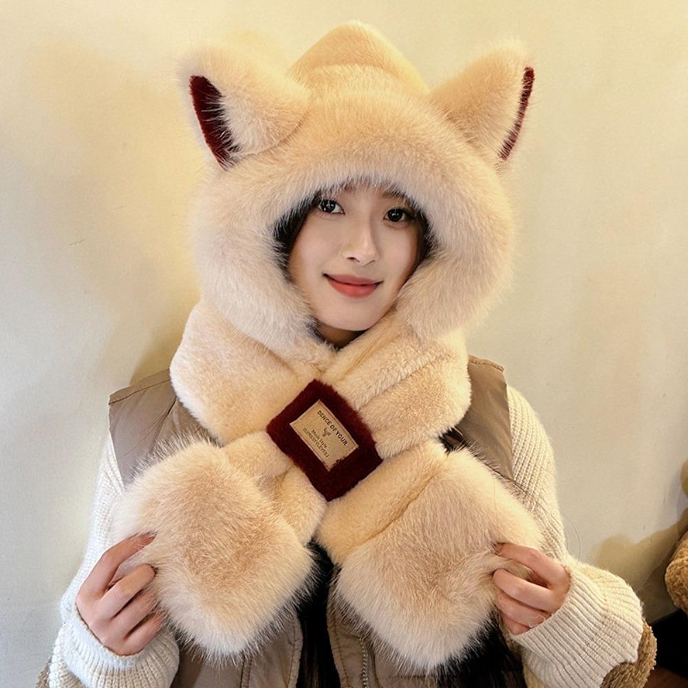 Two-Piece Set Plush Bear Hat Scarf Thickened Neck Warmer Hat Cute Ear Protection Hooded  Winter