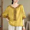 Linen Embroidery Women's T Shirt Loose Pullover Tee O Neck Thin Shirt Three Quarter Sleeves Summer Retro Blouse