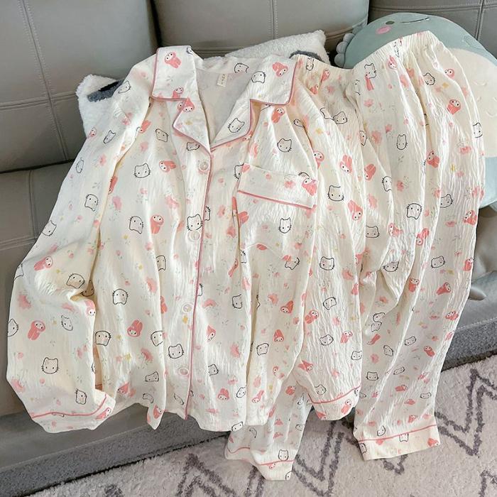 Moon Bear Cartoon Fashion Women's Pajamas Korean Style Casual Soft 2 PC Set Pajamas Autumn Long Sleepwear Lapel Neck New 2025