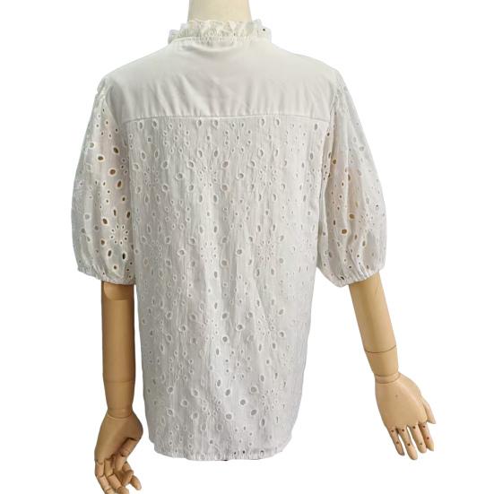 Women Tops V-Neck Puff Short Sleeves Hollow Out Crochet Shirt Solid Color Loose Fit Blouse Outdoor Leisure Wear