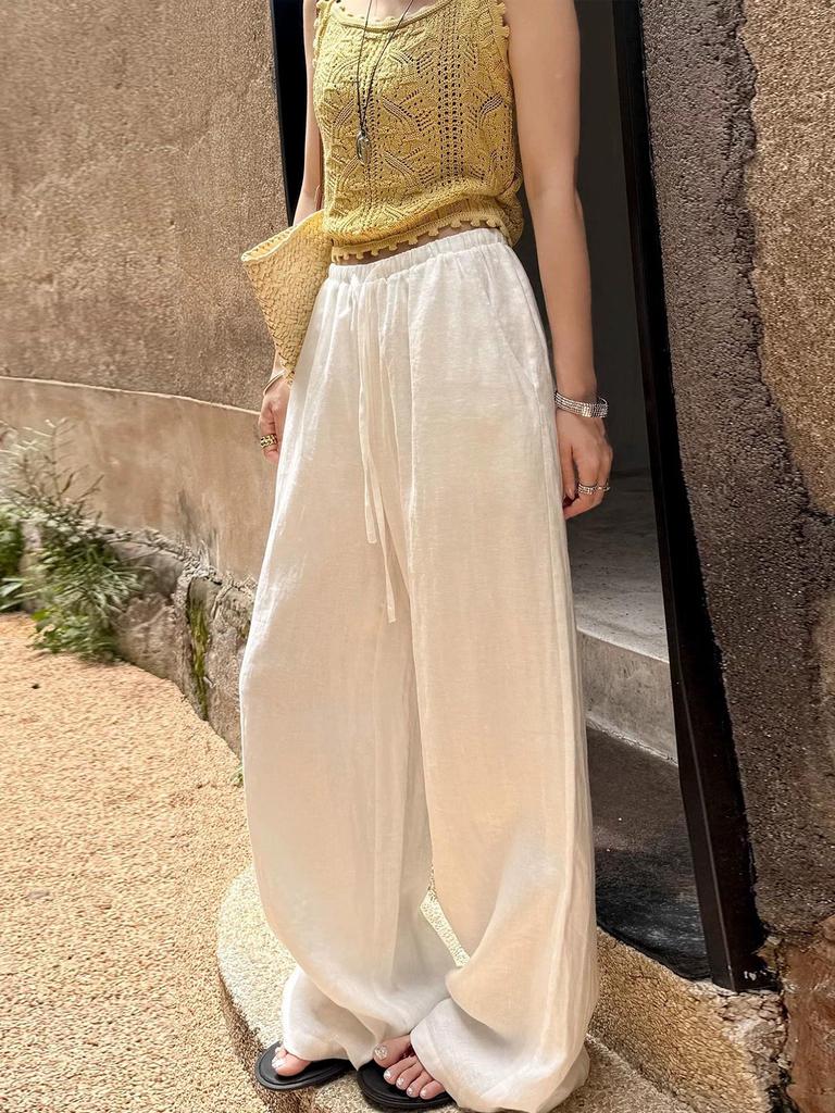 Women's Summer White Loose Cotton-Linen Wide-Leg Pants