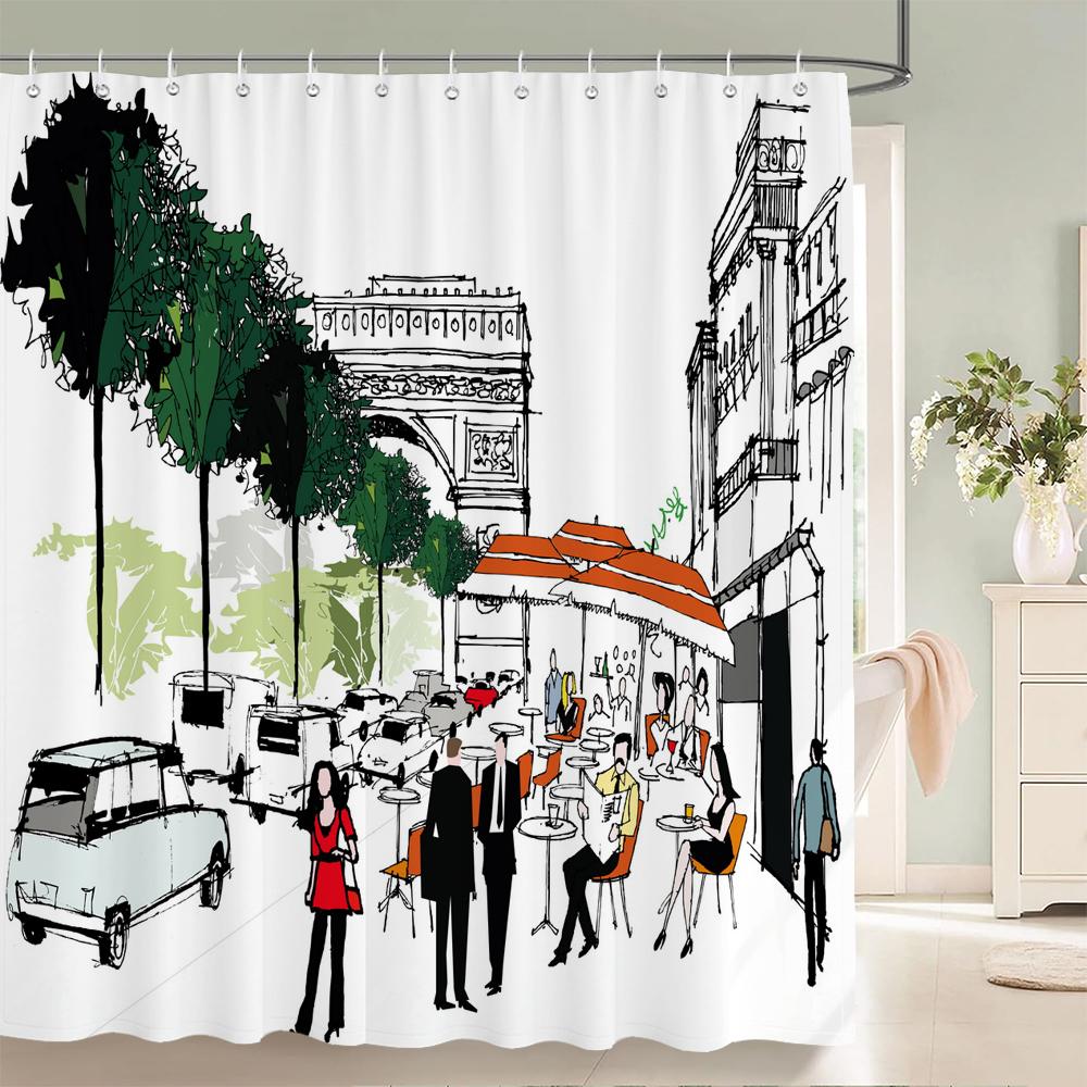 1 Stück Minimalistischer Stil Kunst Frau Straßenansicht Druck Duschvorhänge Badezimmer Polyester Badvorhänge Dekor Vorhang Mit Haken