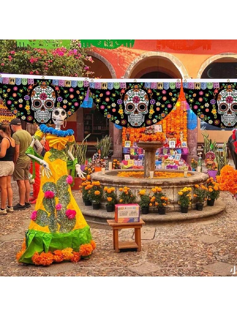 Day Of The Dead Decorative Fan Flag Background Indoor Outdoor Holiday Decorative Hanging Flags