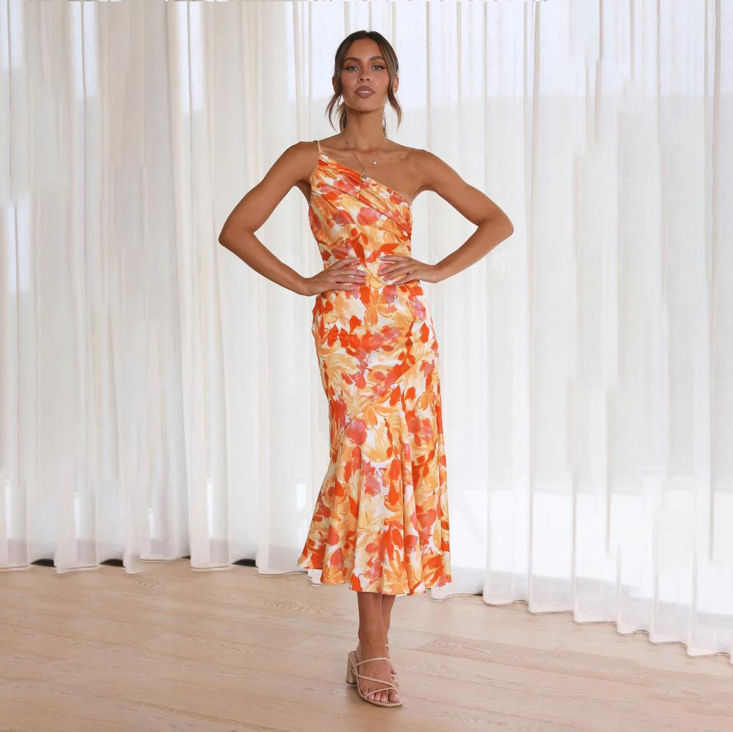 

Женское весеннее платье-комбинация без рукавов с цветочным принтом, облегающее, на подтяжках, летнее повседневное длинное платье с косым воротником и высокой талией, с вырезом «рыбий хвост», размеры S-XL XL оранжевый
