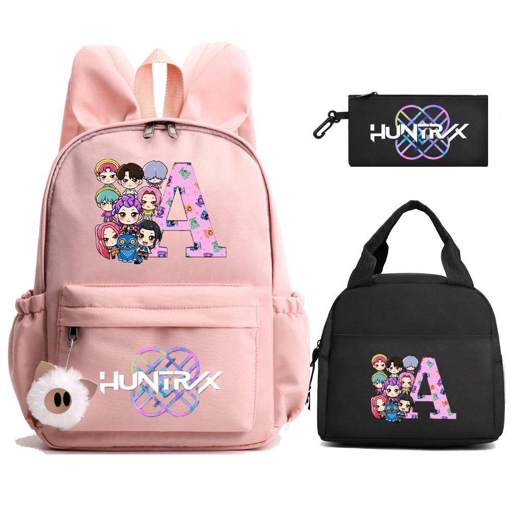 3Pcs/set 26 English Letter Kpop Demon Hunters Printed Backpack with Lunch Bag Pengcil Case for Teenager Girl Boy Large Capacity Bookbag Travel Bag