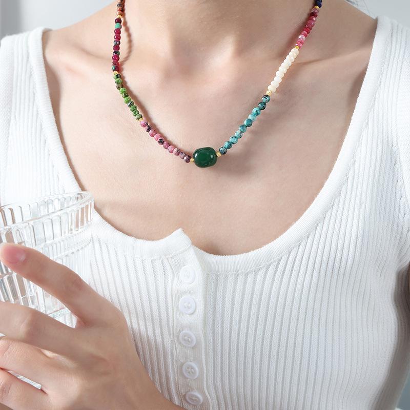 Bohemian Dopamine Trend Fashion Multi-Color Mix And Match Natural Stone Agate Beaded Handmade Versatile Necklace Women