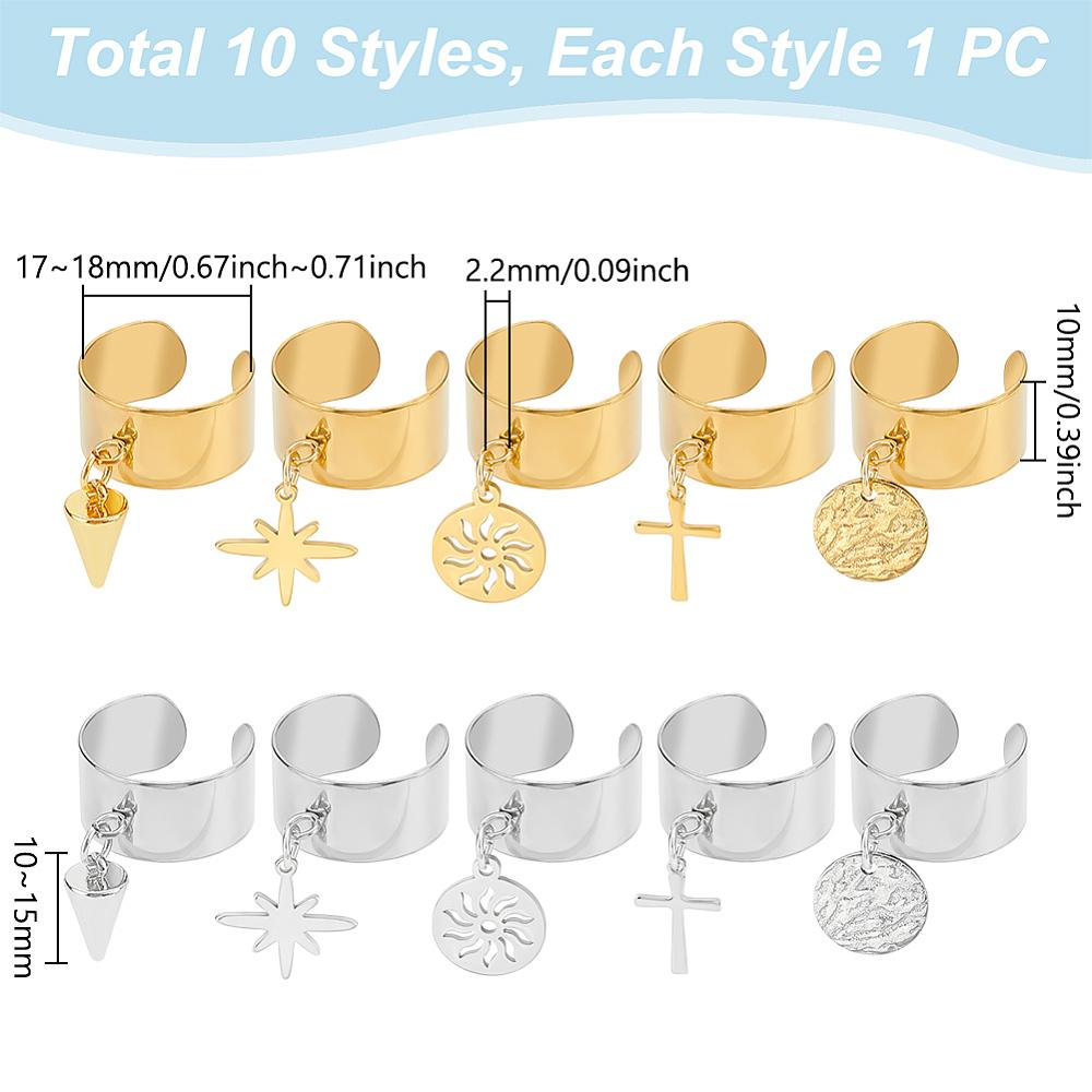 10Pcs 304 Stainless Steel Cuff Finger Rings, with Stainless Steel Pendants, Golden & Stainless Steel Color, 35mm