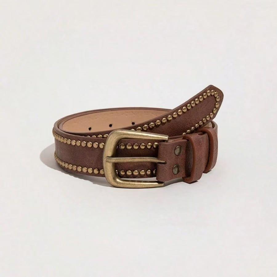 Women s Retro Rivet-Decorated PU Leather Belt with Distressed Metal Buckle 100cm x 3.2cm коричневый