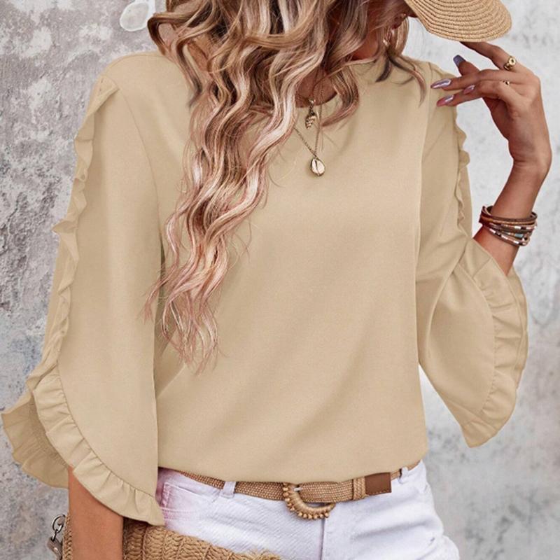 Ladies Summer Ruffles Half Sleeve Solid Color Pullover T Shirt Top