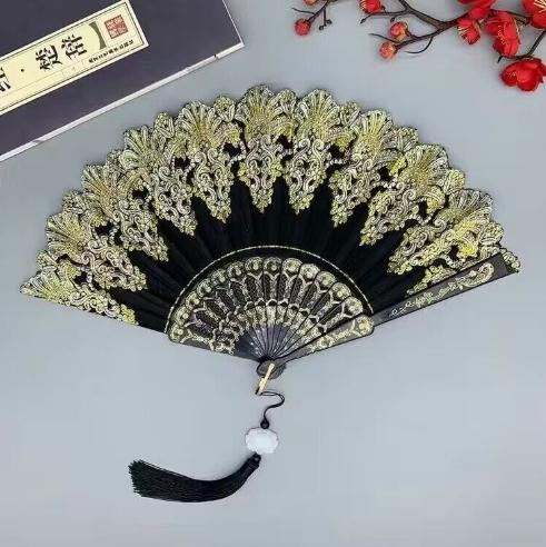 Folding retro pattern hand fan, single flower folding fan, Chinese dance fan, role-playing party decoration, women's handheld