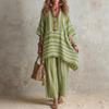 Dames gestreept print V-hals top met halve mouwen en wijde broek tweedelig set casual losse pasvorm zomeroutfit