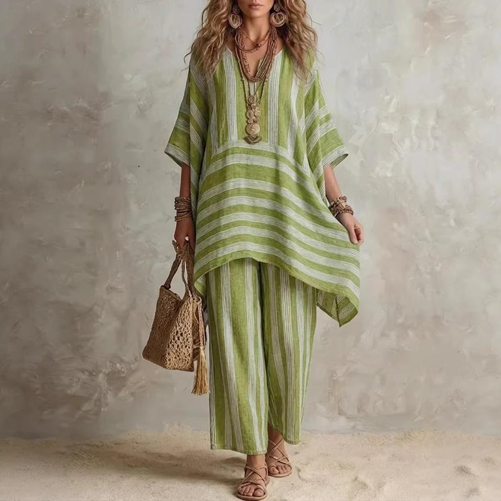 Dames gestreept print V-hals top met halve mouwen en wijde broek tweedelig set casual losse pasvorm zomeroutfit