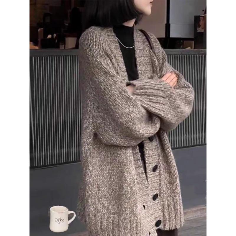 Autumn Winter V-Neck Pure Wool Mid-Length Women's Cashmere Cardigan Sweater