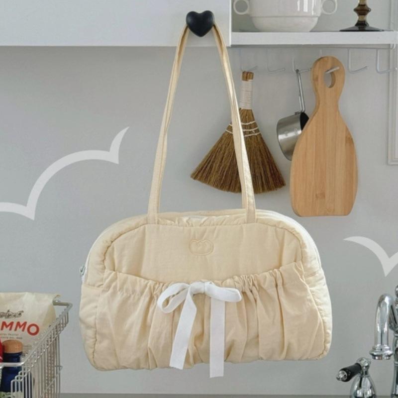 Embroidered Bow, Tie, Boston Bag, Large Capacity, Commuter, Women's, Daily, Pleated Shoulder Bag