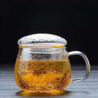 Thickened Hammer Grain Round Fun Cup Glass Office Teacup Filtration High Temperature Resistant with Handle Large Size with Lid