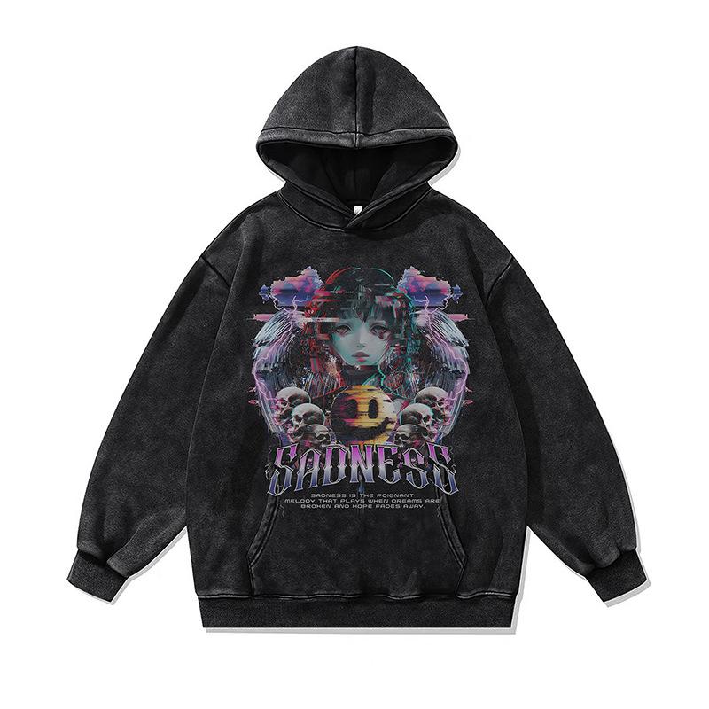Cartoon Digital Direct Injection Printing Hooded Sweater Oversize Retro Washed Old Hoodie For Men And Women