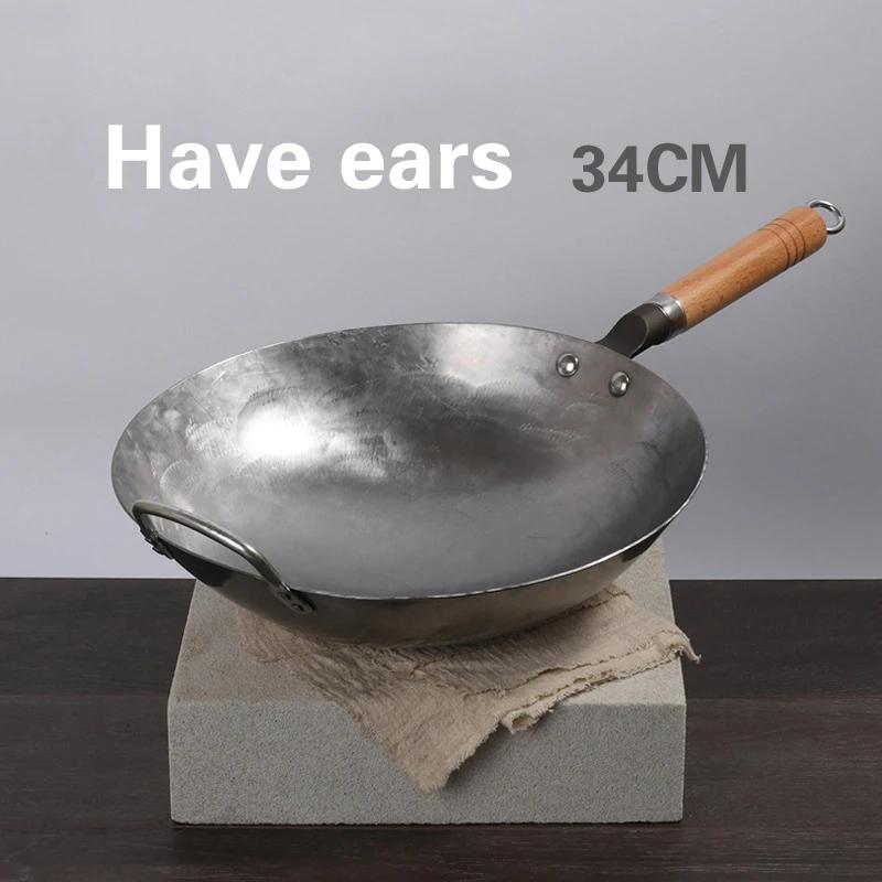 Wok aus Eisen mit Holzgriff, handgefertigt aus chinesischem Eisentopf, runder Boden, antihaftbeschichteter Wok, Gasherd, Kochgeschirr für den Haushalt