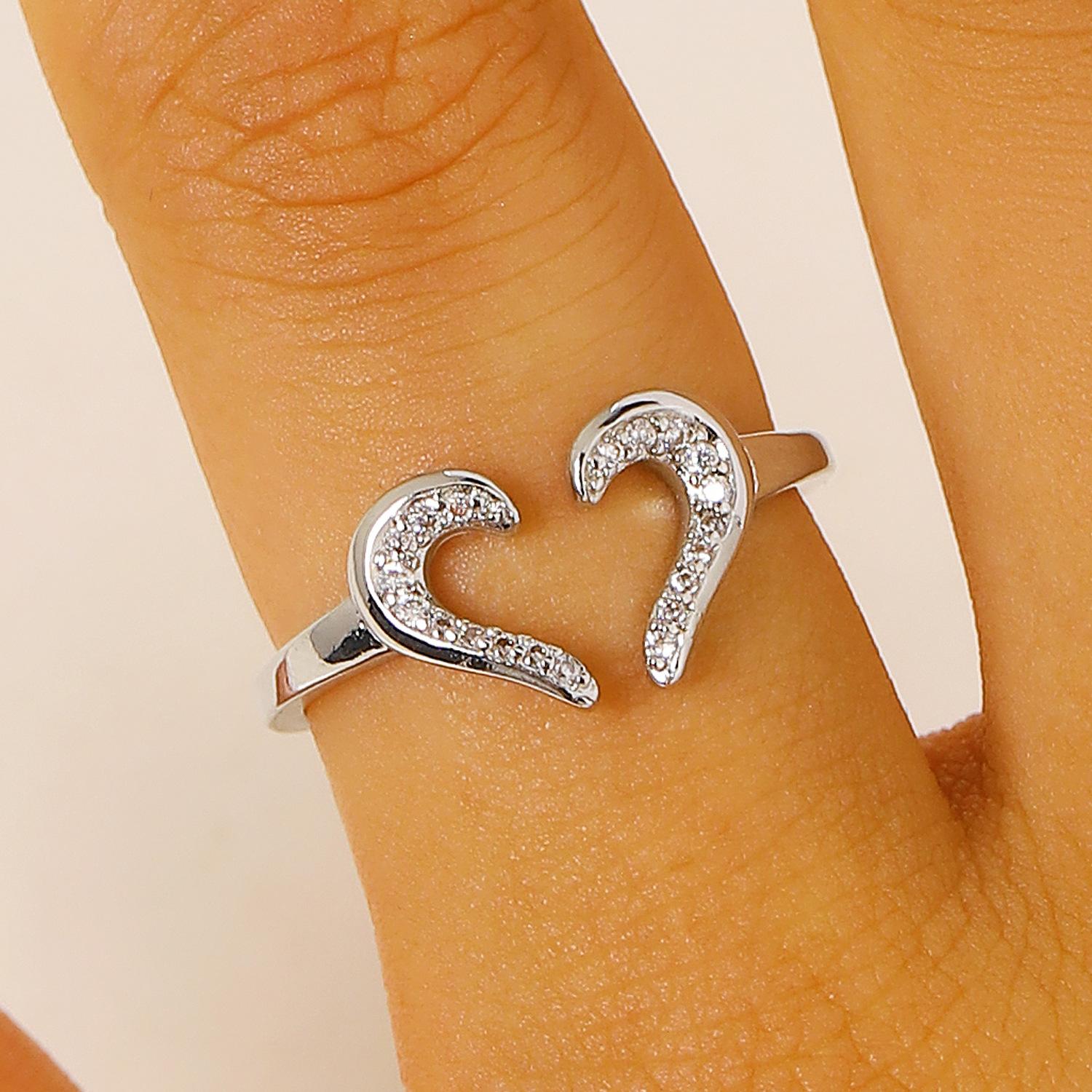 Open Heart Shaped CZ Ring Pave Stone Split Heart Statement Band