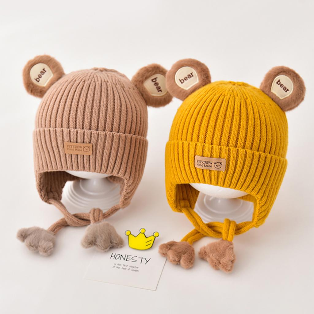 Winter Ear Protection Cap Warm hicken Knitted Cute Bear  Kids Anti-cold Cotton Lining Lacing Infant Toddler Beanie Cap