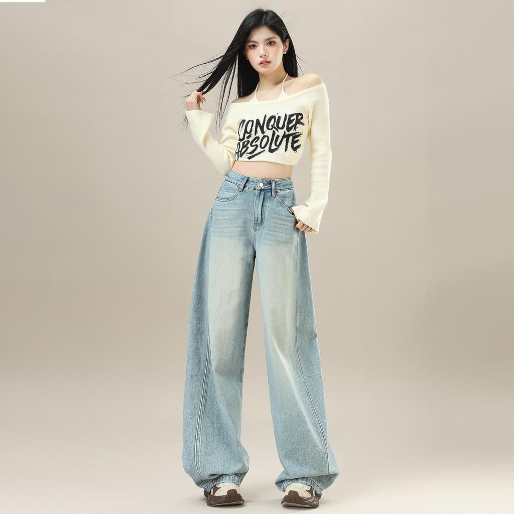 Women's Retro Wide-Leg Jeans - Spring/Fall Style, Floor-Length, Plus Velvet Warmth