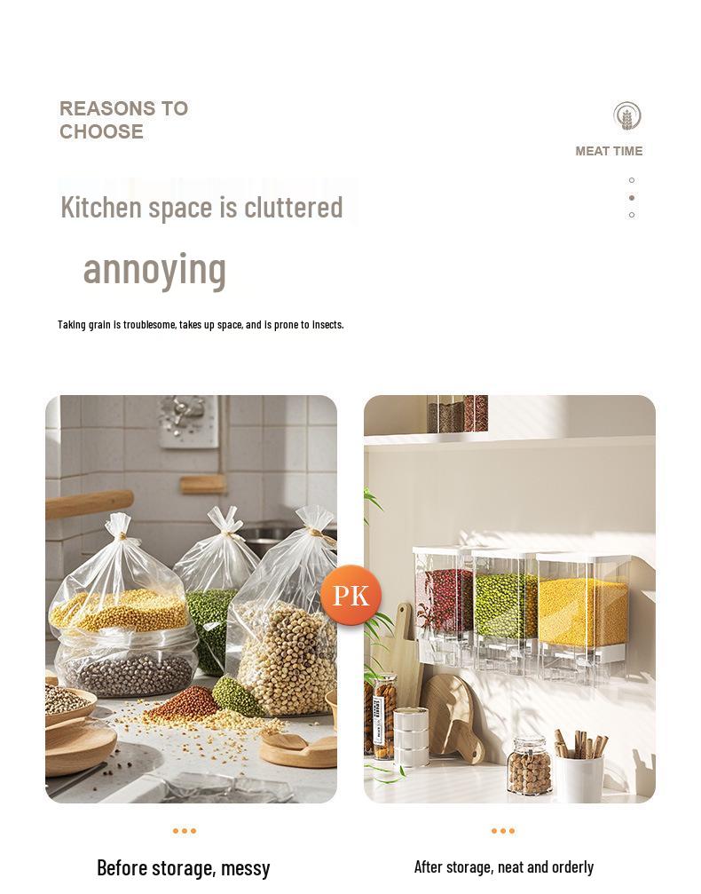 Nástěnná nádoba na skladování obilí – Hermeticky uzavřená nádoba s lisovacím mechanismem odolná proti hmyzu na rýži a proso