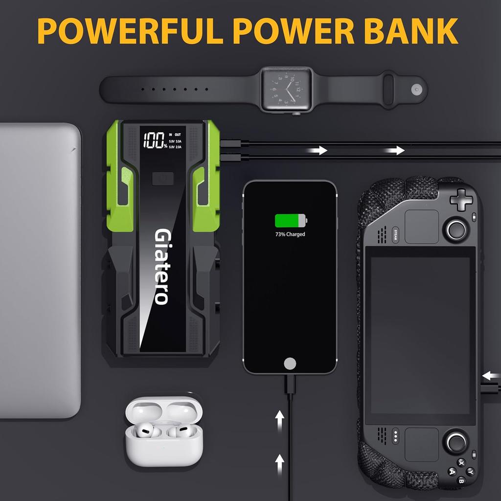 4000A Auto Starthilfe, 12V Tragbarer Akku mit LED-Anzeige, USB & Typ-C, LED-Licht