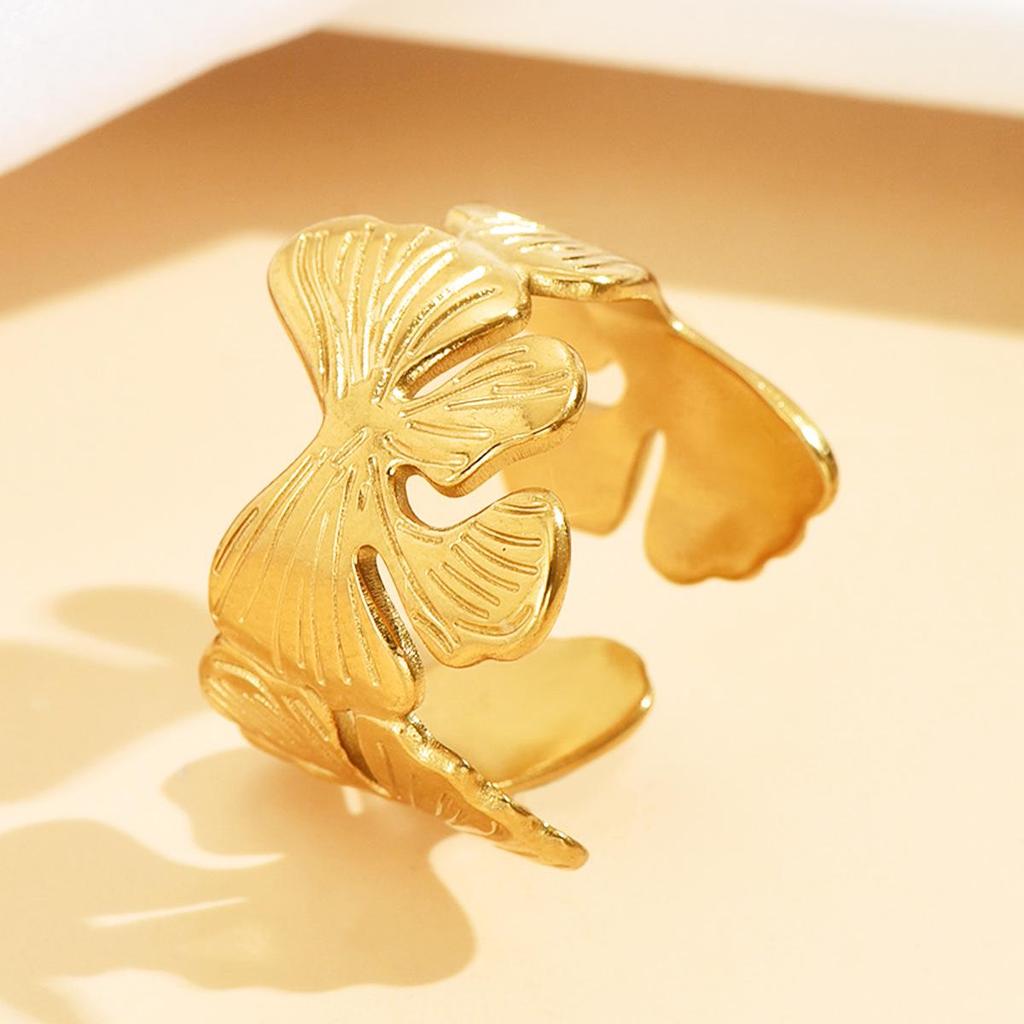 Vintage Bow Ginkgo Leaf Textured Open Stainless Steel Ring for Women