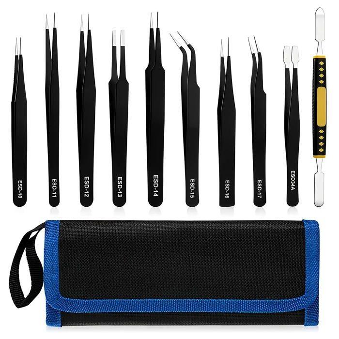 Set de pincettes antistatiques - AIMOONSA - Kit 10 pièces - Acier inoxydable ESD - Pointe fine - Pochette de rangement