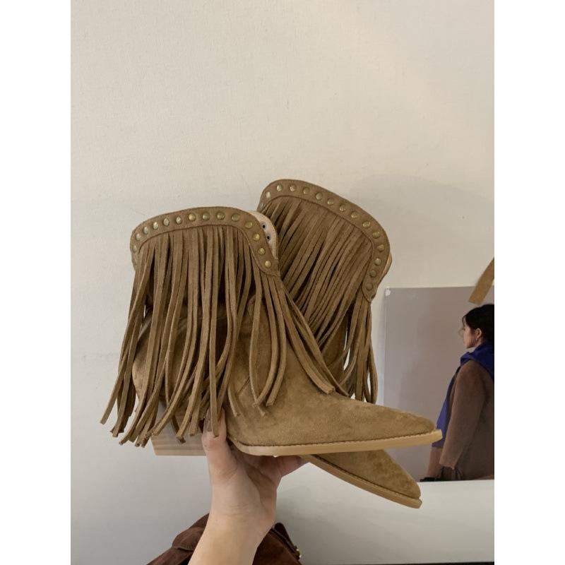 2025 new thick heel pointed frosted leather fringed Martin boots V-mouth thin knight boots western cowboy boots short boots