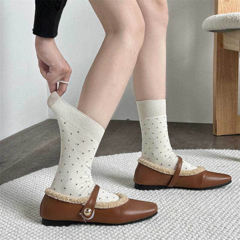 Women's Wool Mid-calf Socks Polka Dot White Versatile Autumn and Winter Breathable and Warm Long Socks