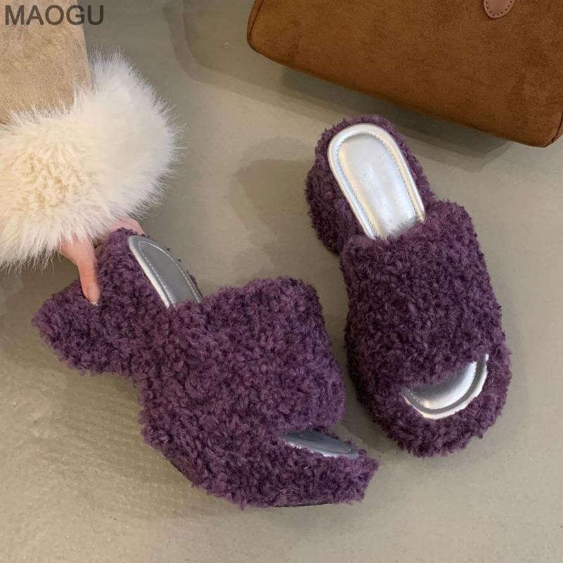 Women's Open Toe Platform Slide Sandals Chunky Heel Summer Fur Flip Flops Fashion Height Increasing Casual Shoes Pantuflas Mujer