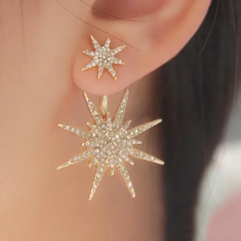 Koreansk Versjon Spiss Stjerne Besatt Diamant Øredobber for Kvinners Minimalistiske Snøkrystall Bakhengende Stjerneklare Enkel Splitt Øredobber