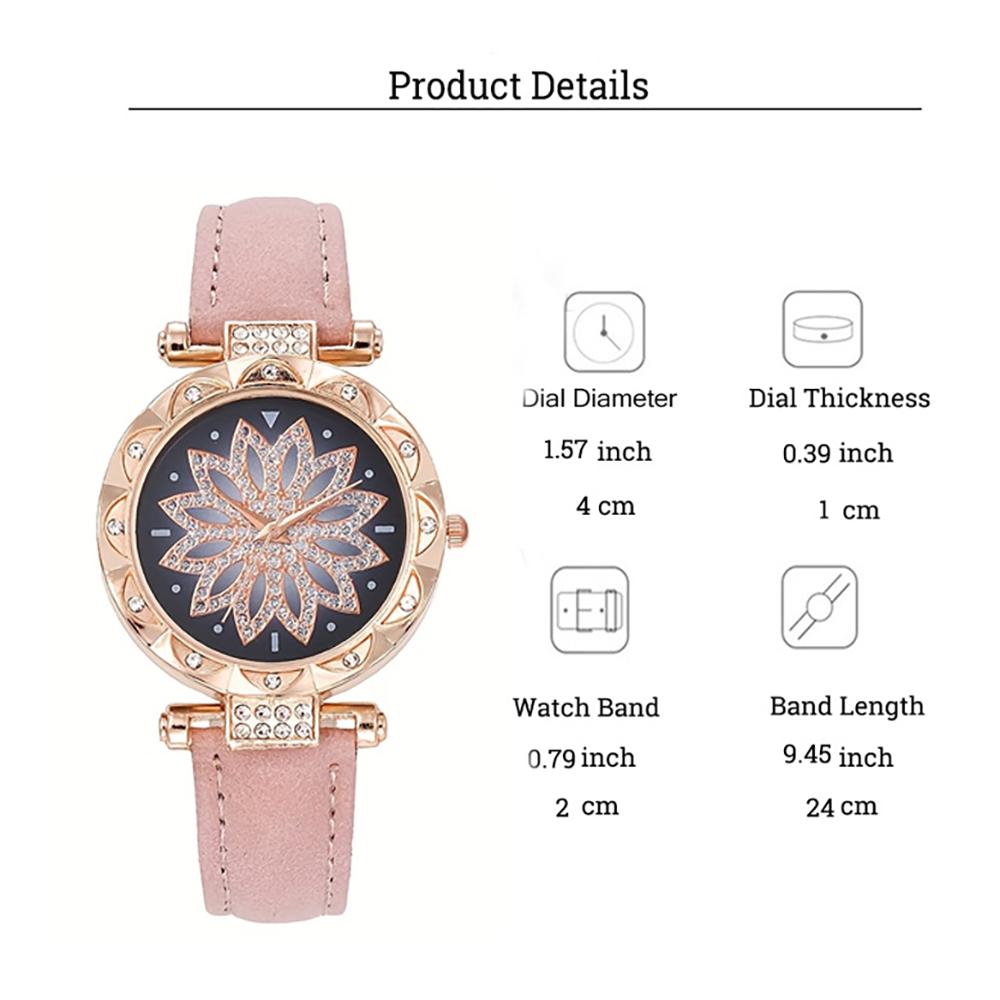 Fashion Flower Diamond Round Dial Leather Strap Women's Quartz Watch Set of 5 for Christmas and Thanksgiving Gifts