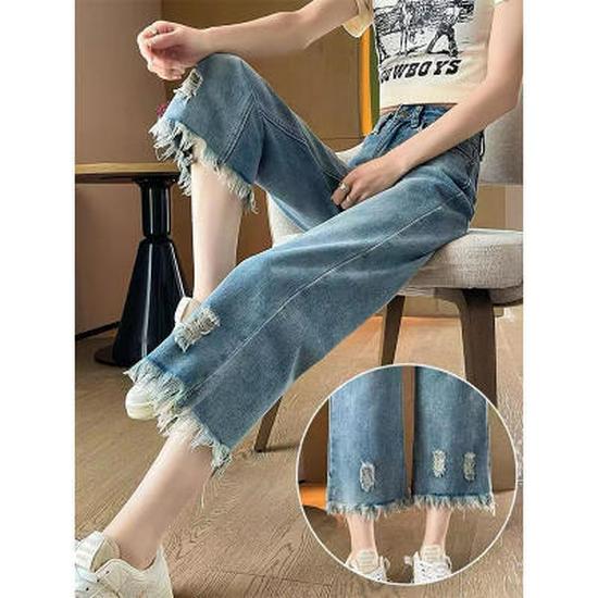 

Женские рваные джинсы с высокой талией, весна/лето 2024 г.: Свободный, с кисточками, широкий, длина 9 точек 4XL светло-синий