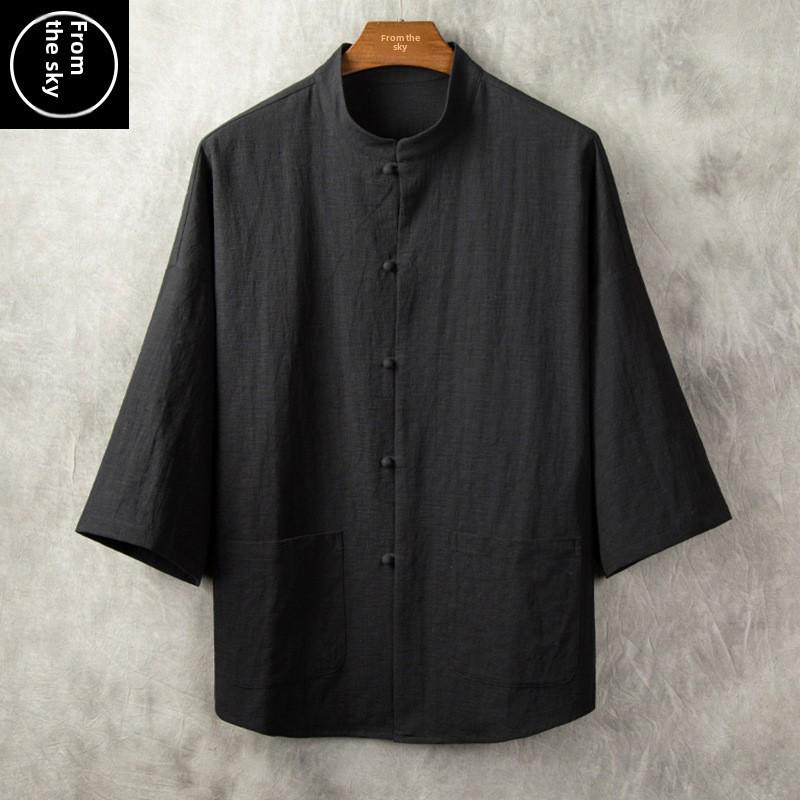 Men's Retro Cotton-Linen Summer Shirt with Stand Collar and Loose Five-Point Sleeves
