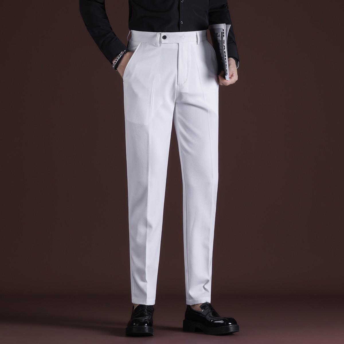 

Мужские стрейчевые однотонные черные брюки в стиле смарт-кэжуал, мужские брюки для офиса, быстросохнущие брюки для костюма, новые весенне-осенние корейские прямые брюки 34 белый