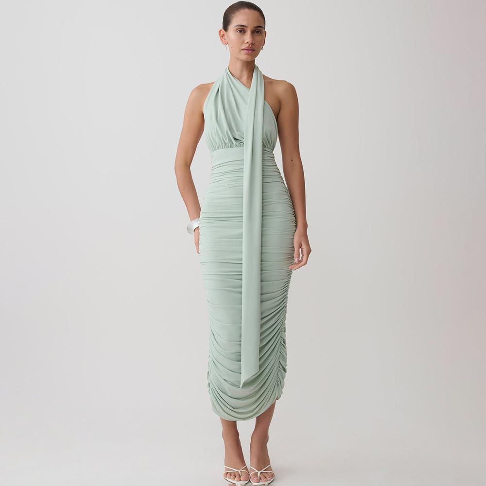 Women's Autumn New Product Solid Color Neck Design Backless Pleated Waist Thin Split Dress