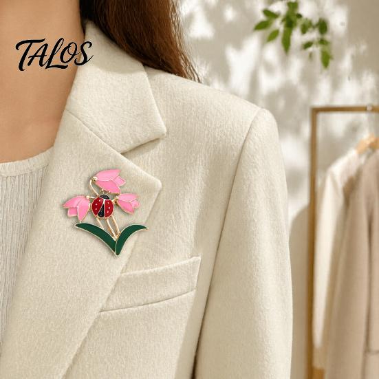 Long-lasting Flower Brooch Enamel Tulip Ladybug for Women, Oil-Dripping Ladybird Oxidation Resistant Lapel Pin, Sweater Cardigan Coat Suit Scarf