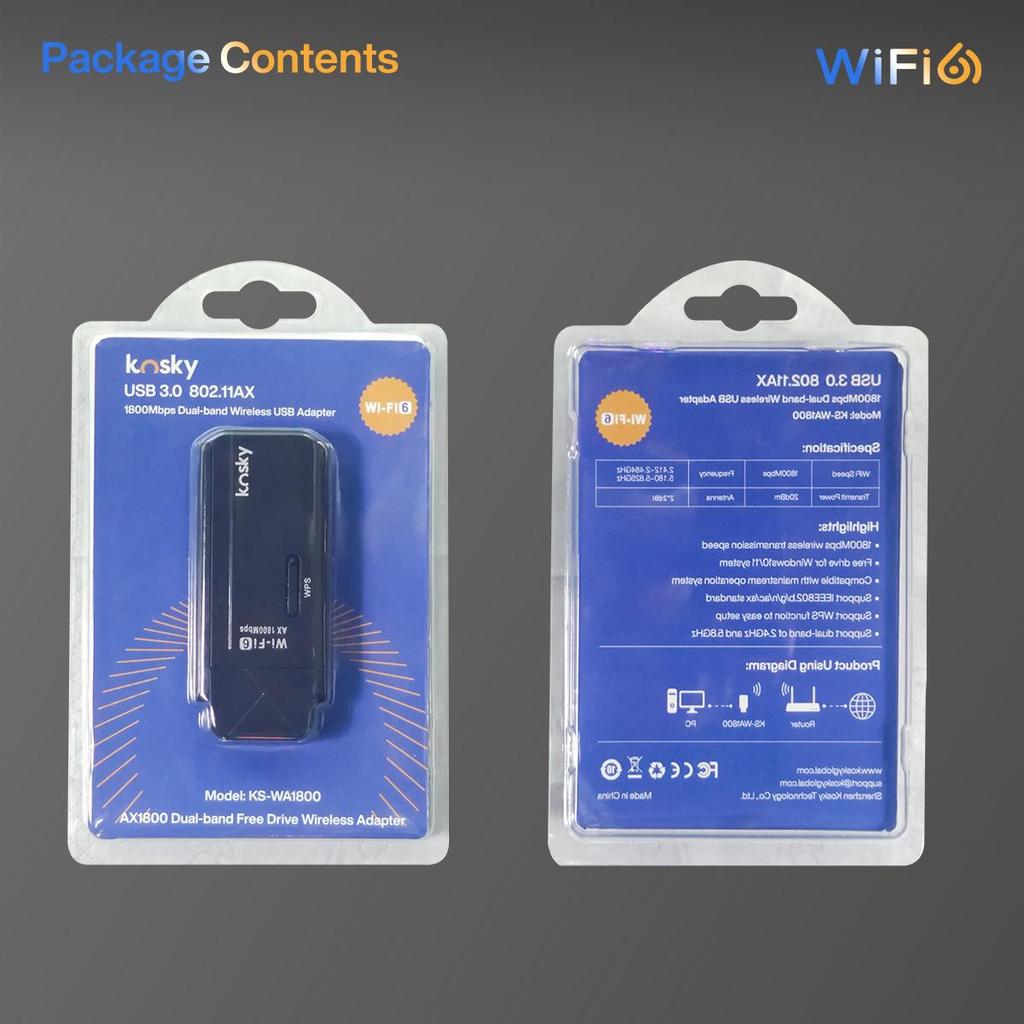 Kosky Wireless USB Wifi Adapter WiFi 6 Daul-band 1800Mbps 802.11ax USB3.0 Boost Your Internet Speed with 600Mbps Wireless USB Wifi Adapter