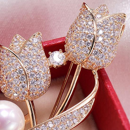 Women Brooch High-Gloss Rhinestone Inlay Imitation Pearl Decor Sparkling Tulip Design Lapel