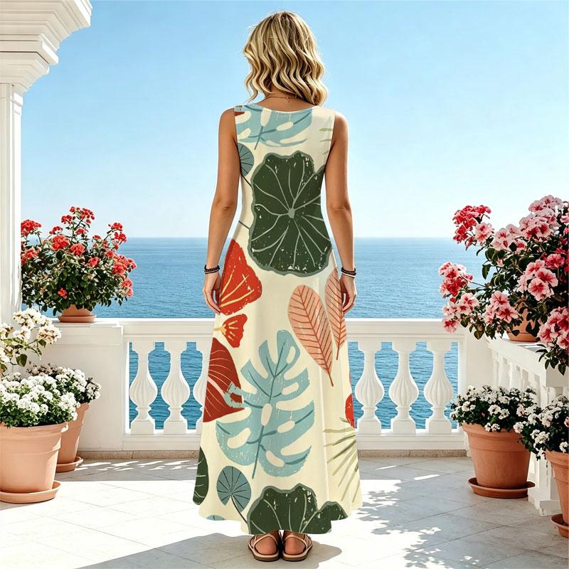 Women's Tropical Plant Series Sleeveless Loose Flowy Maxi Dress,Lightweight Versatile Beach Vacation & Casual Loungewear
