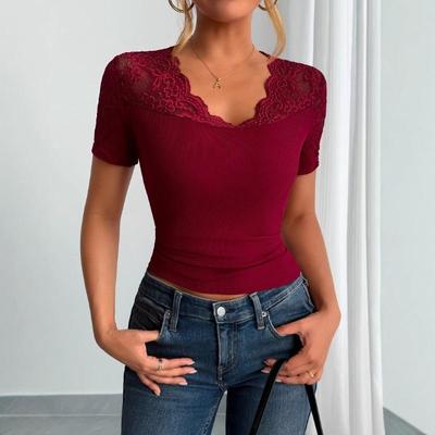 Women's Ribbed Top Short Sleeve Lace Trim V-Neck Casual Slim Fit Tee