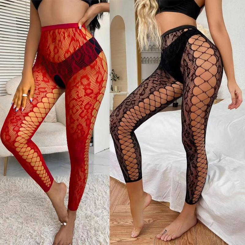 Side Crisscross Hollow-Out Mesh Stockings Pantyhose for Women Sexy Crotch Opening Footless Fishnet Net Tights Leggings